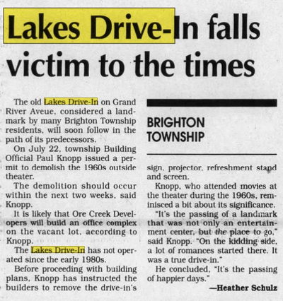 Jul 26 1998 article Lakes Drive-In Theatre, Brighton